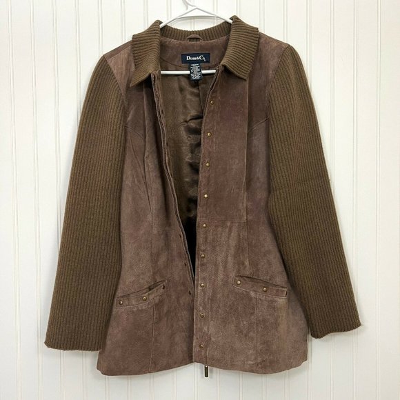 Denim & Co Suede Knit Sleeve Jacket Collared Fully Lined Zip Front Brown M. - Picture 5 of 6